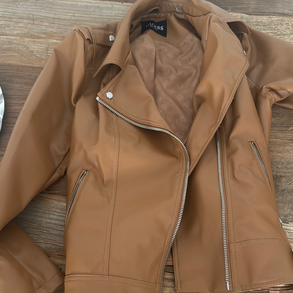 Guess Tan Leather Moto Jacket Asymmetrical Zipper